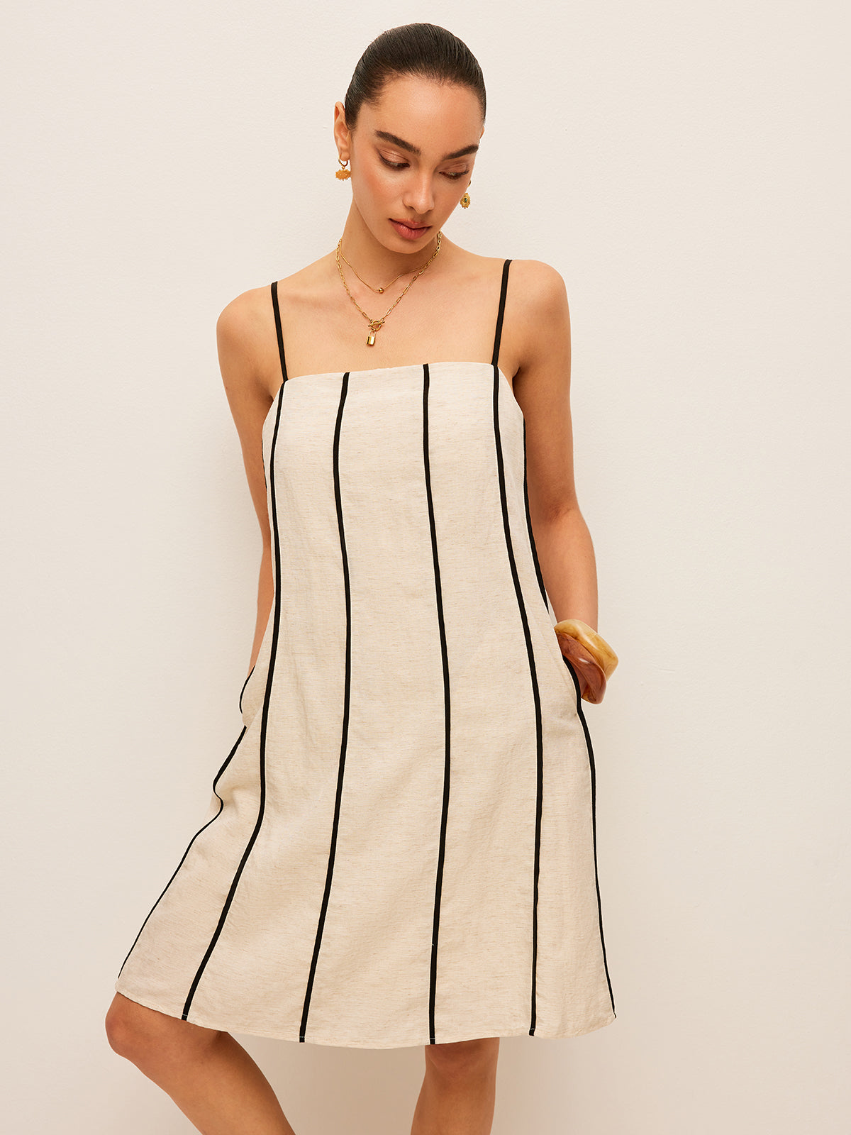 Cotton & Linen Striped Dress-Chicvia
