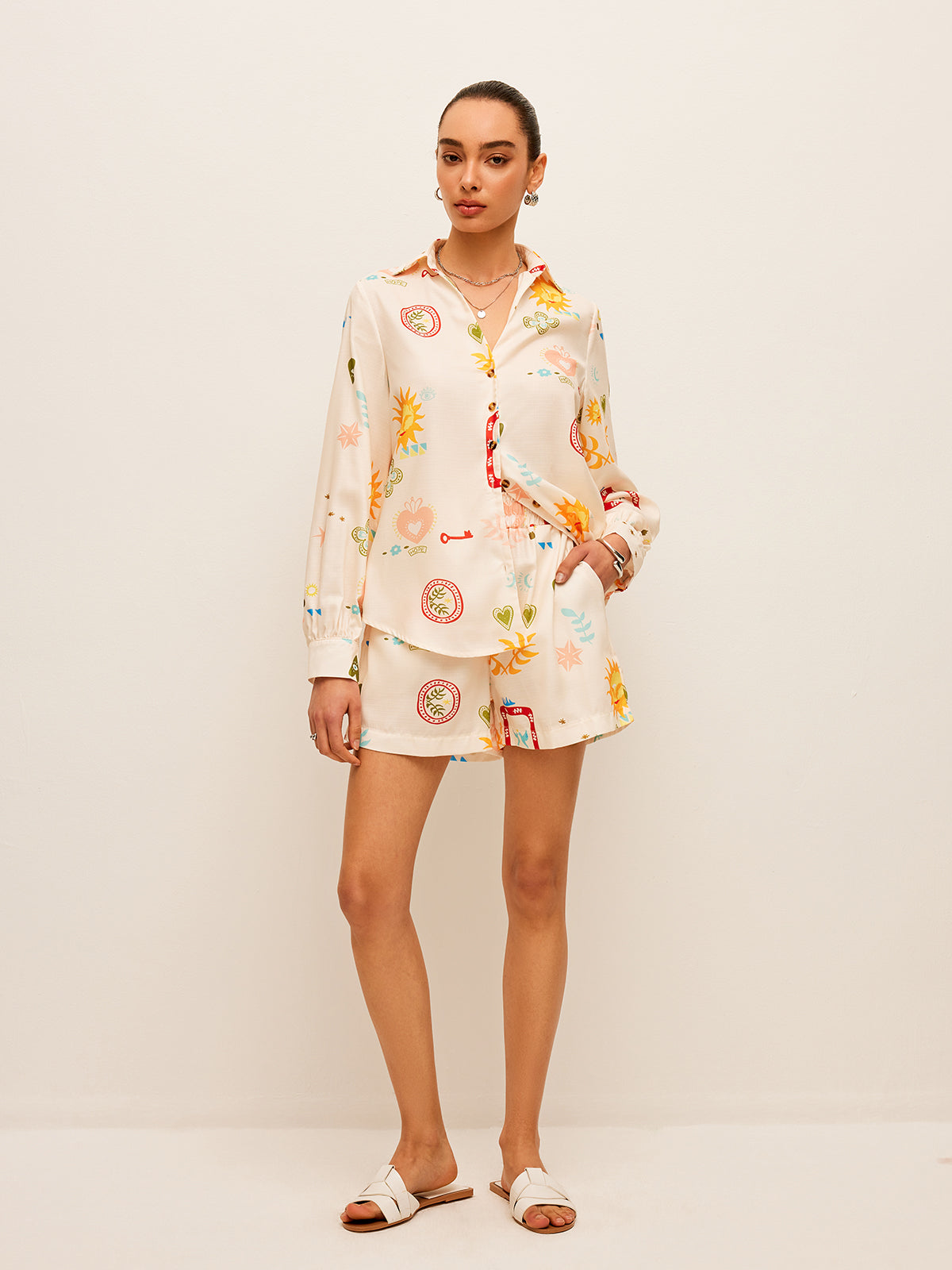 Pleated Pattern-Print Shorts Set-Chicvia