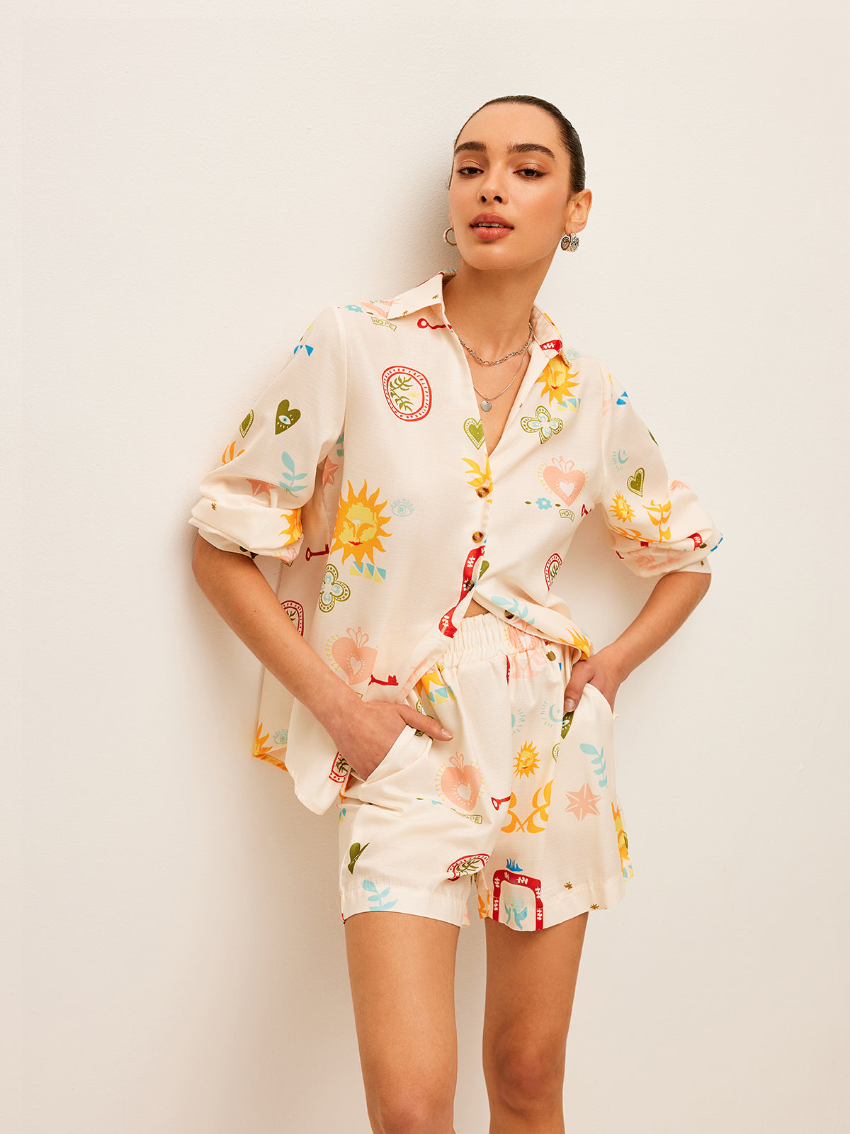 Pleated Pattern-Print Shorts Set-Chicvia