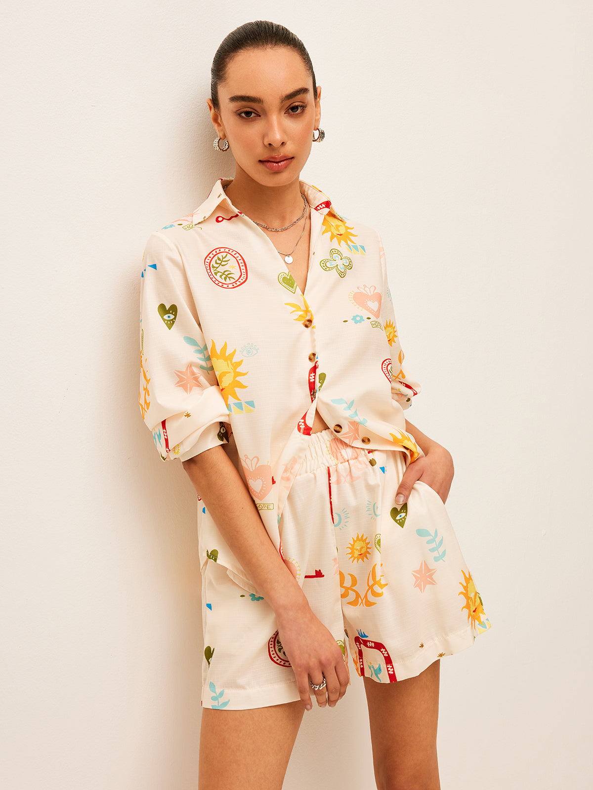 Pleated Pattern-Print Shorts Set-Chicvia