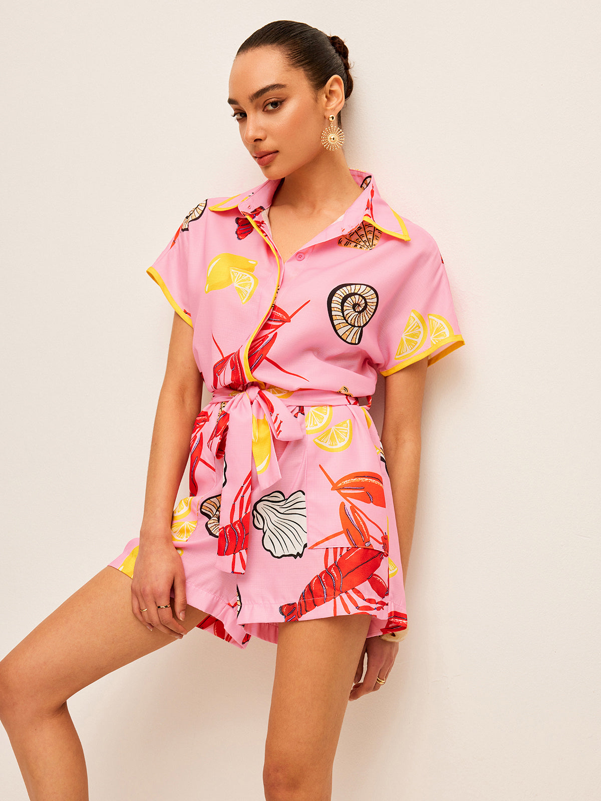 Fruit & Shell Print Tie-Waist Jumpsuit-Chicvia