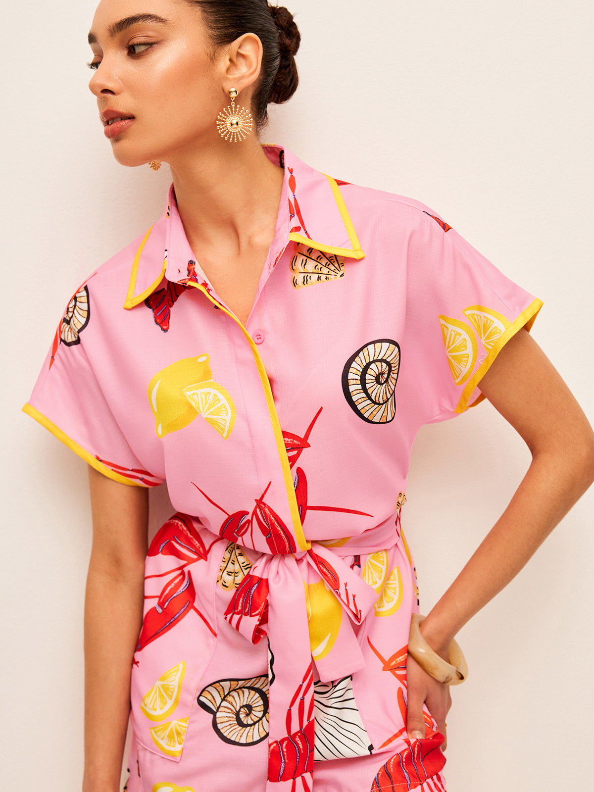 Fruit & Shell Print Tie-Waist Jumpsuit-Chicvia