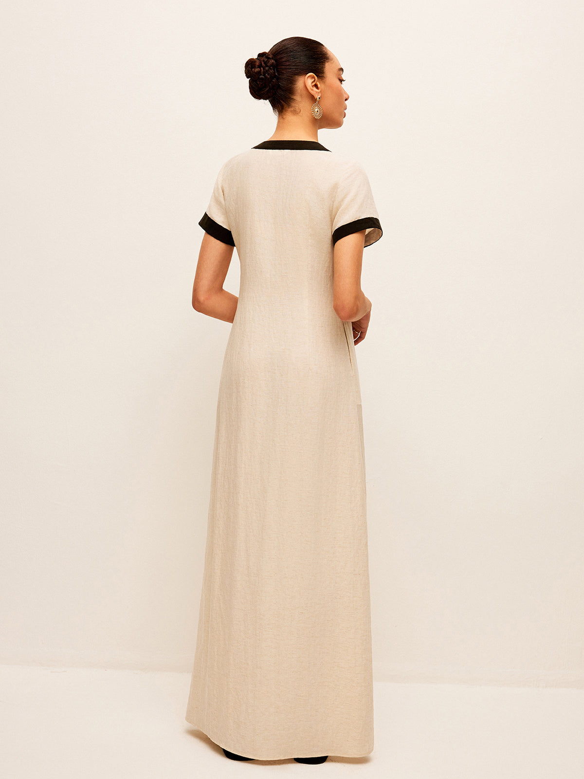 Cotton & Linen High-Slit Contrast Trim Dress-Chicvia