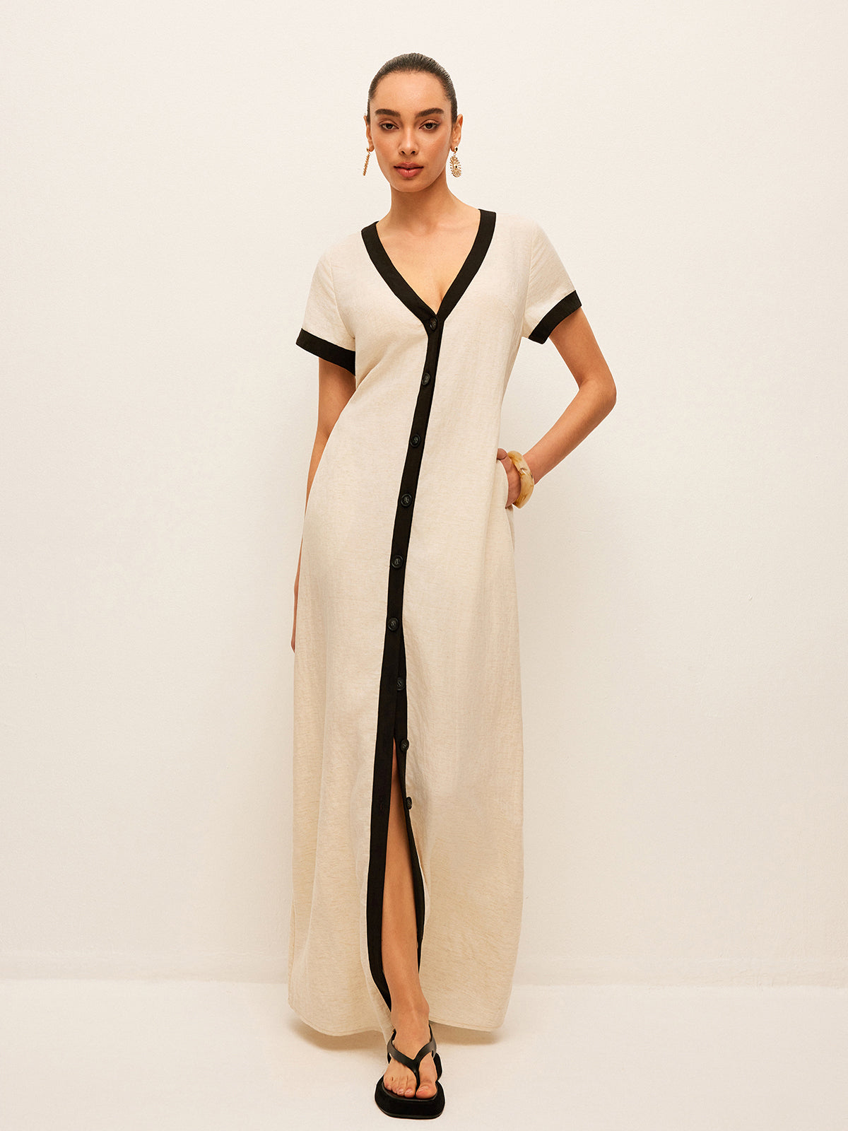 Cotton & Linen High-Slit Contrast Trim Dress-Chicvia