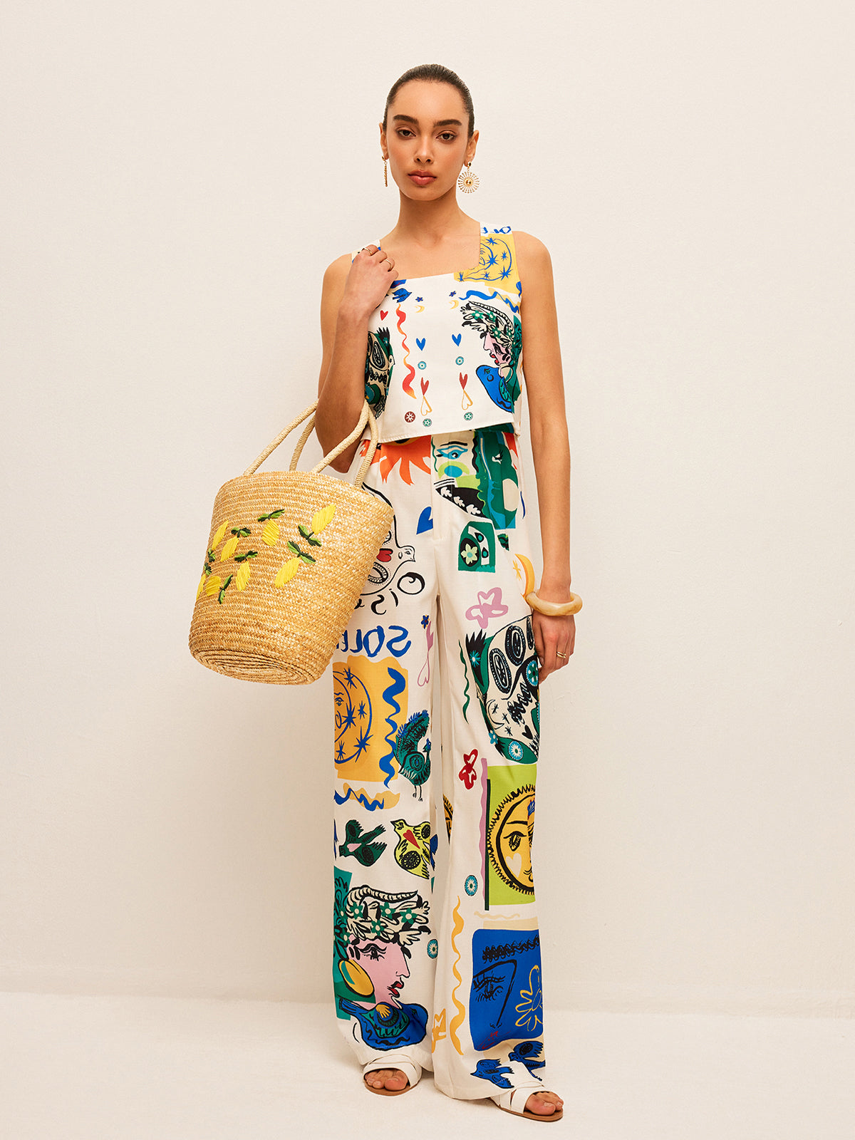 Graphic Print Crop Top With Wide-Leg Pants Set-Chicvia
