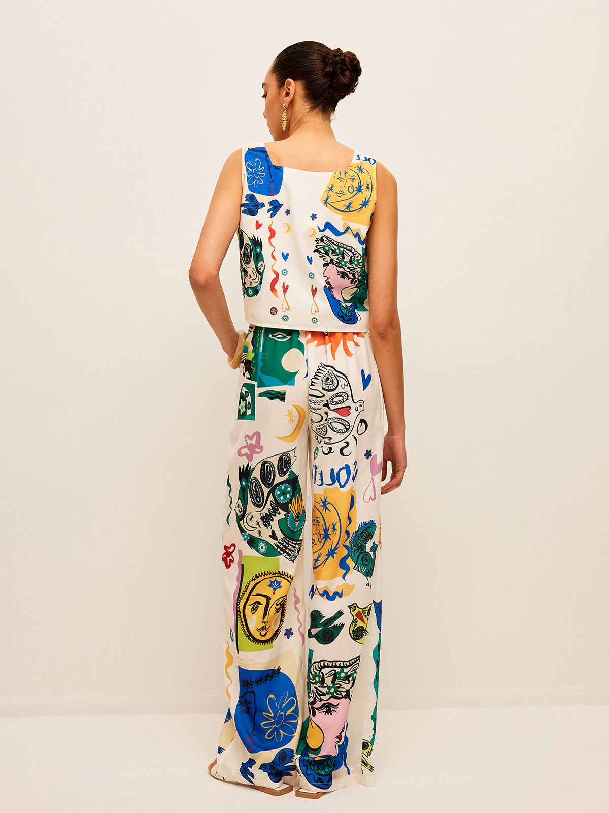 Graphic Print Crop Top With Wide-Leg Pants Set-Chicvia