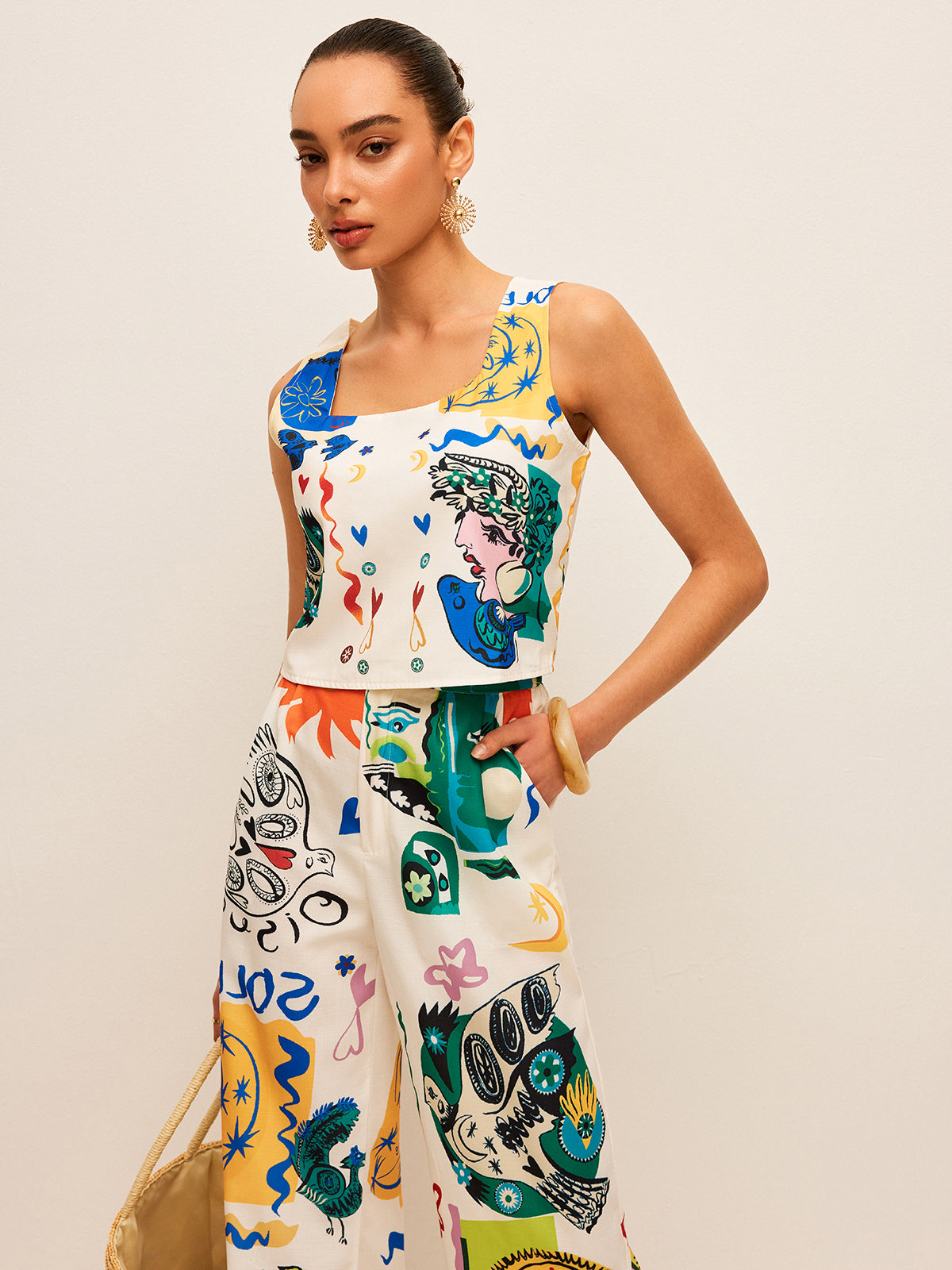 Graphic Print Crop Top With Wide-Leg Pants Set-Chicvia