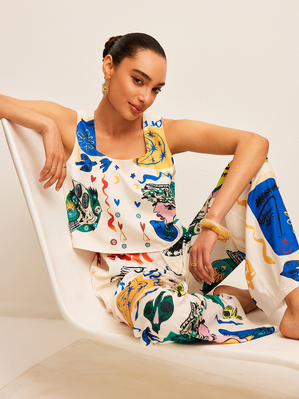 Graphic Print Crop Top With Wide-Leg Pants Set-Chicvia