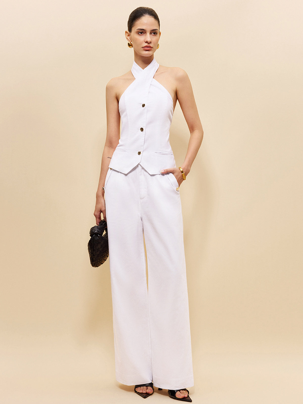 Linen & Cotton Cross Halter Top-Chicvia