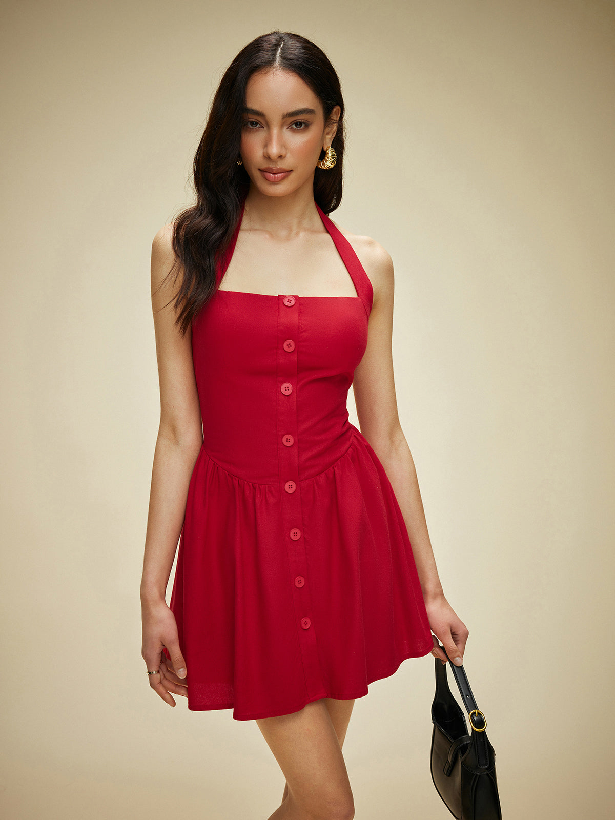 Cotton & Linen Halter Neck Button-Front Dress-Chicvia