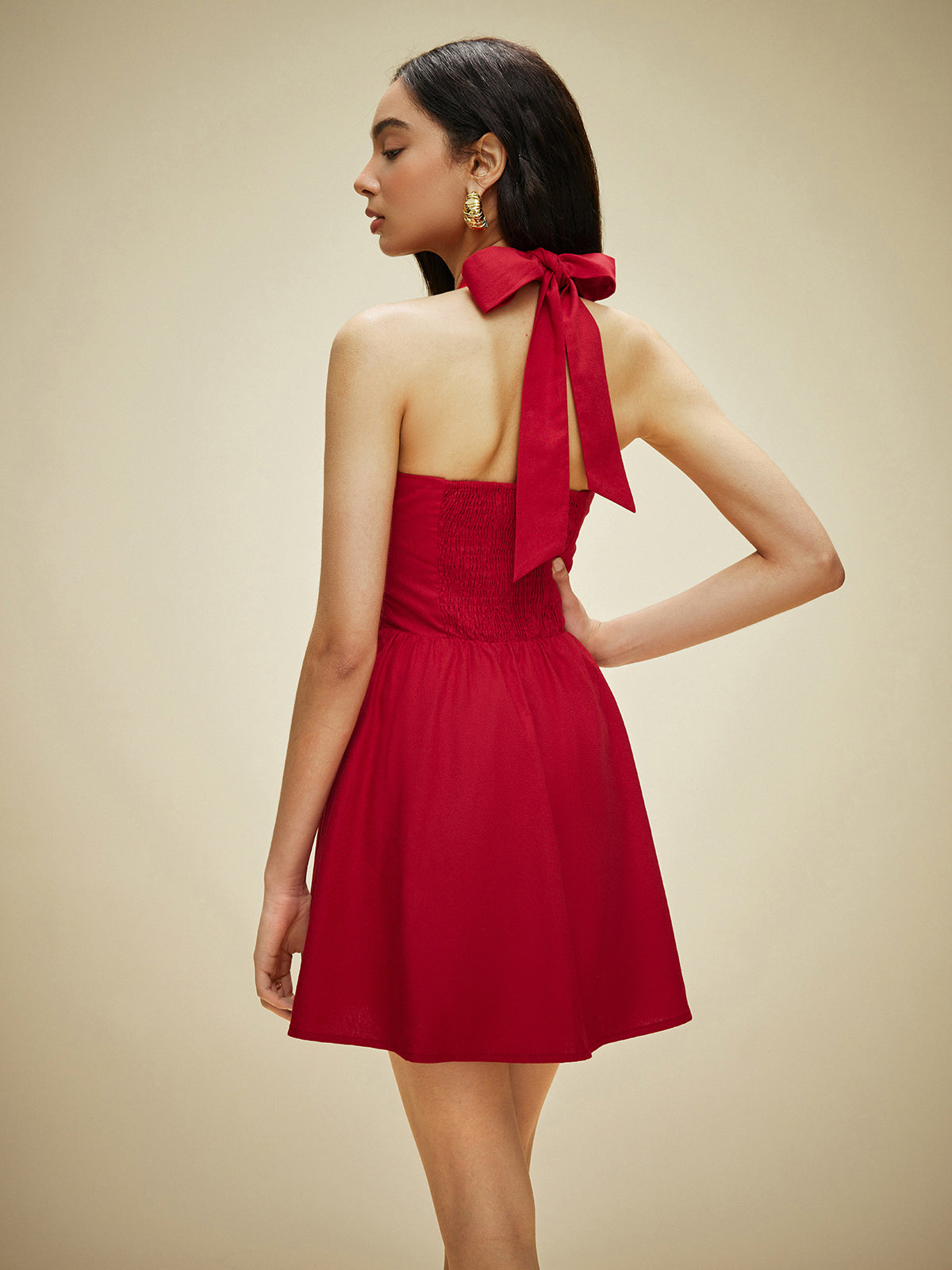 Cotton & Linen Halter Neck Button-Front Dress-Chicvia