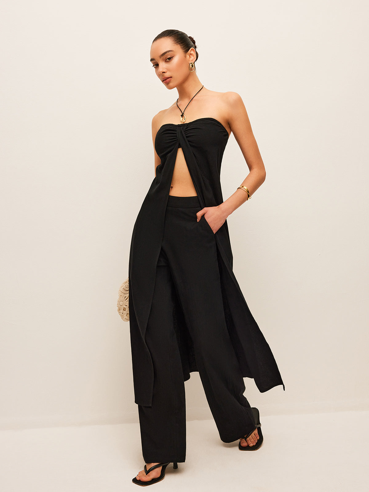 Cotton & Linen Tie-Front Top With Pants Set-Chicvia