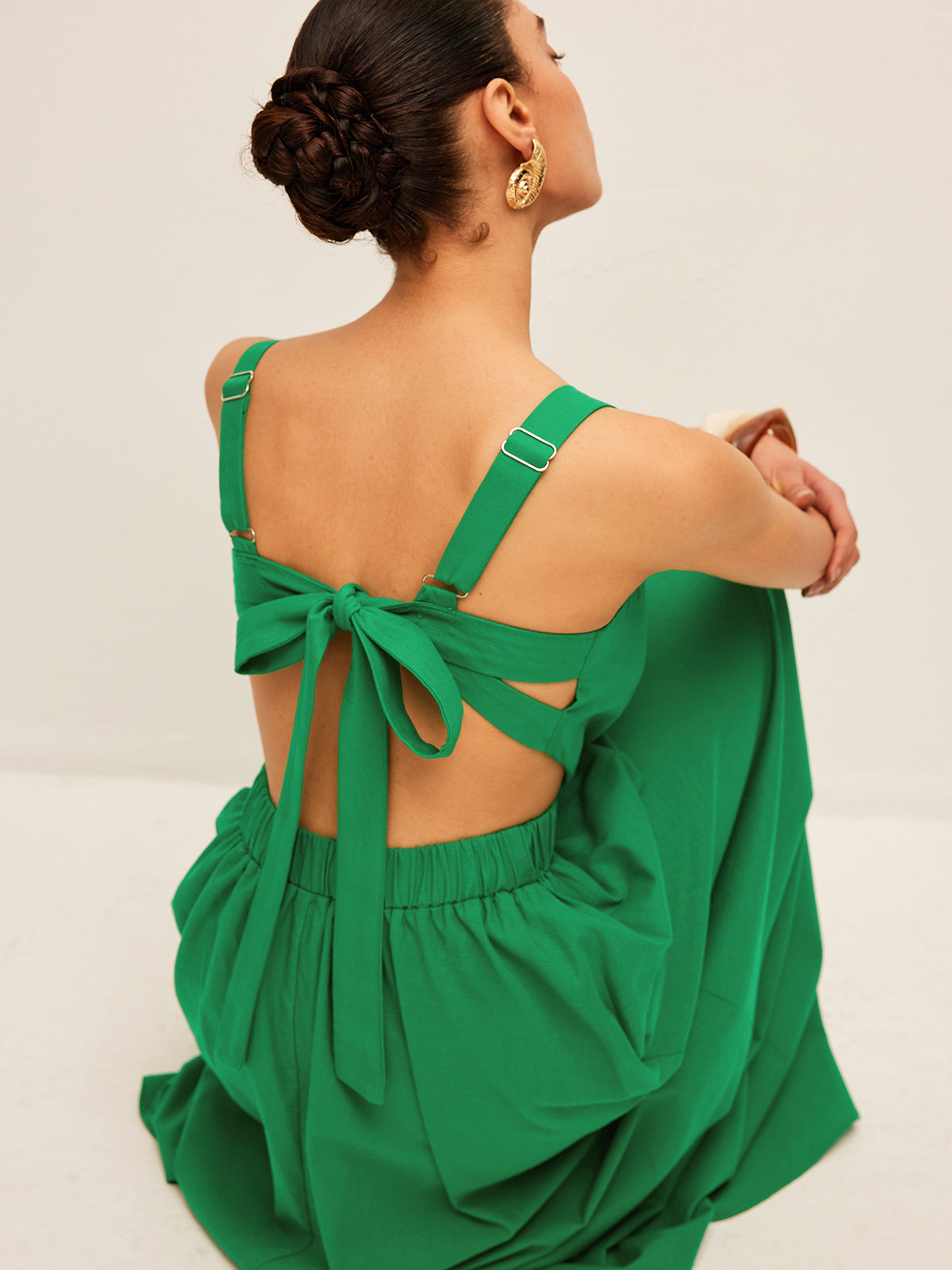 Cotton & Linen Back Tie Detail Dress-Chicvia