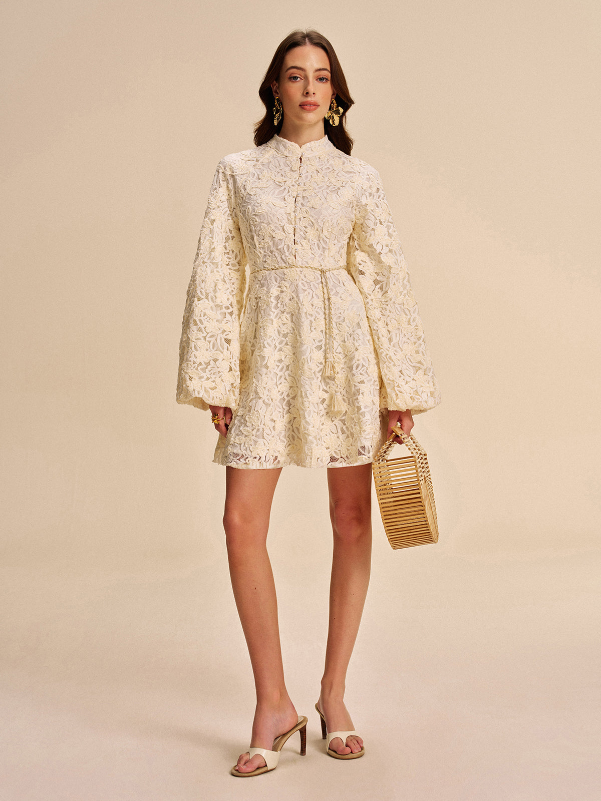 Lace Bell-Sleeve Dress With Belt-Chicvia