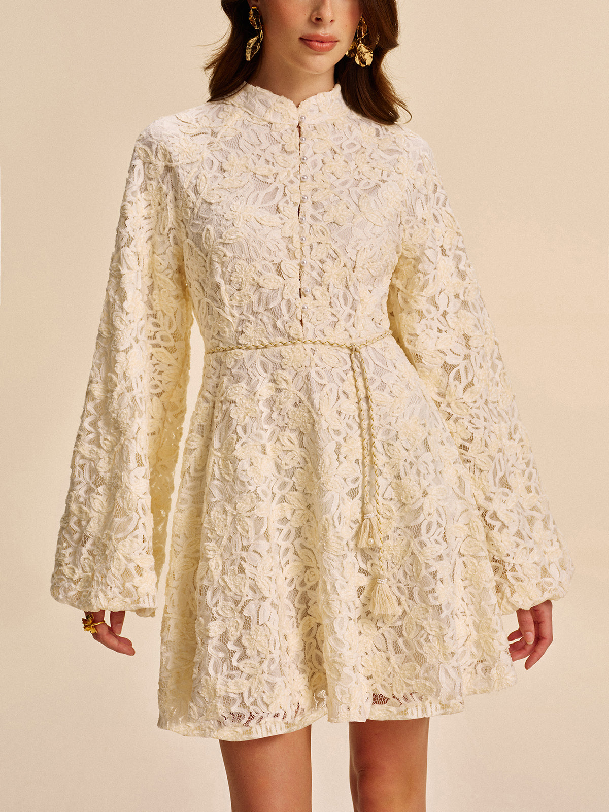 Lace Bell-Sleeve Dress With Belt-Chicvia