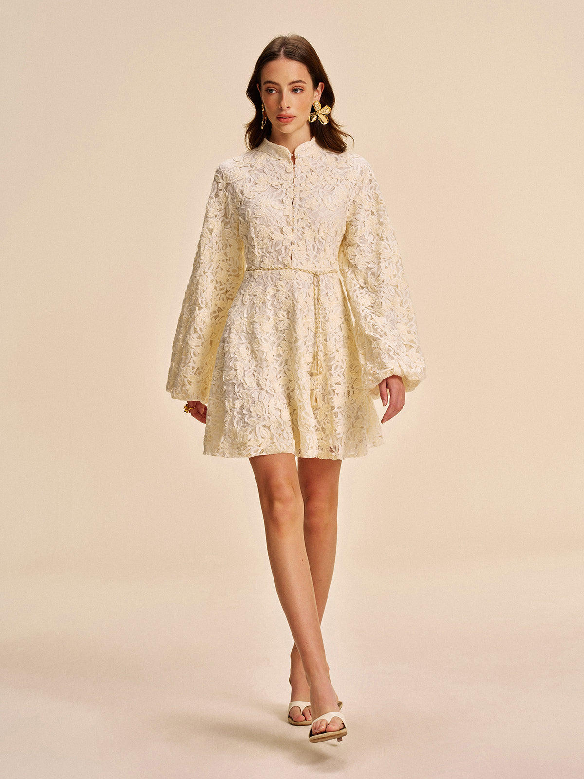 Lace Bell-Sleeve Dress With Belt-Chicvia