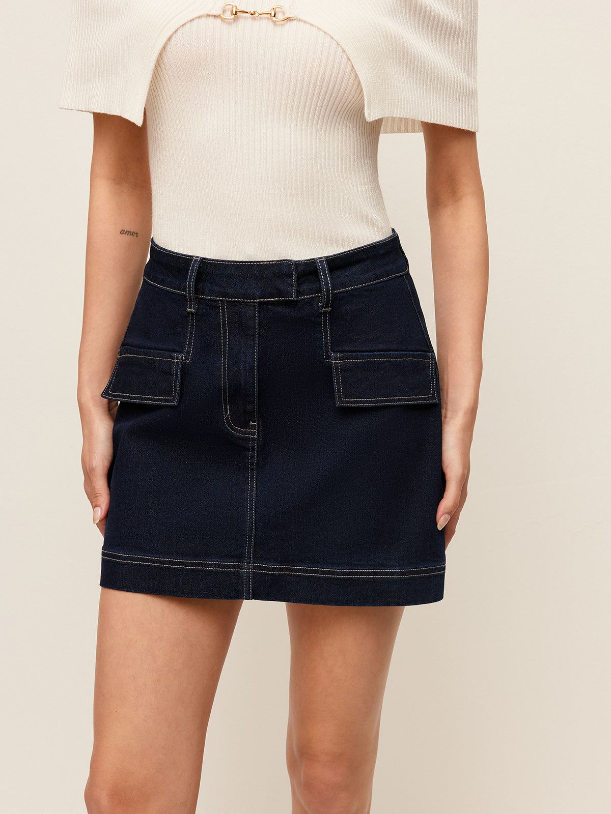 Denim Skirt With Decor Pockets-Chicvia