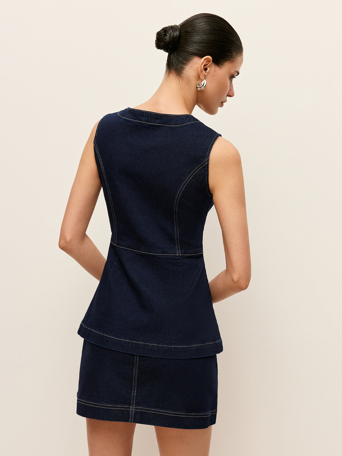 Denim Button-Front Vest With Pockets-Chicvia