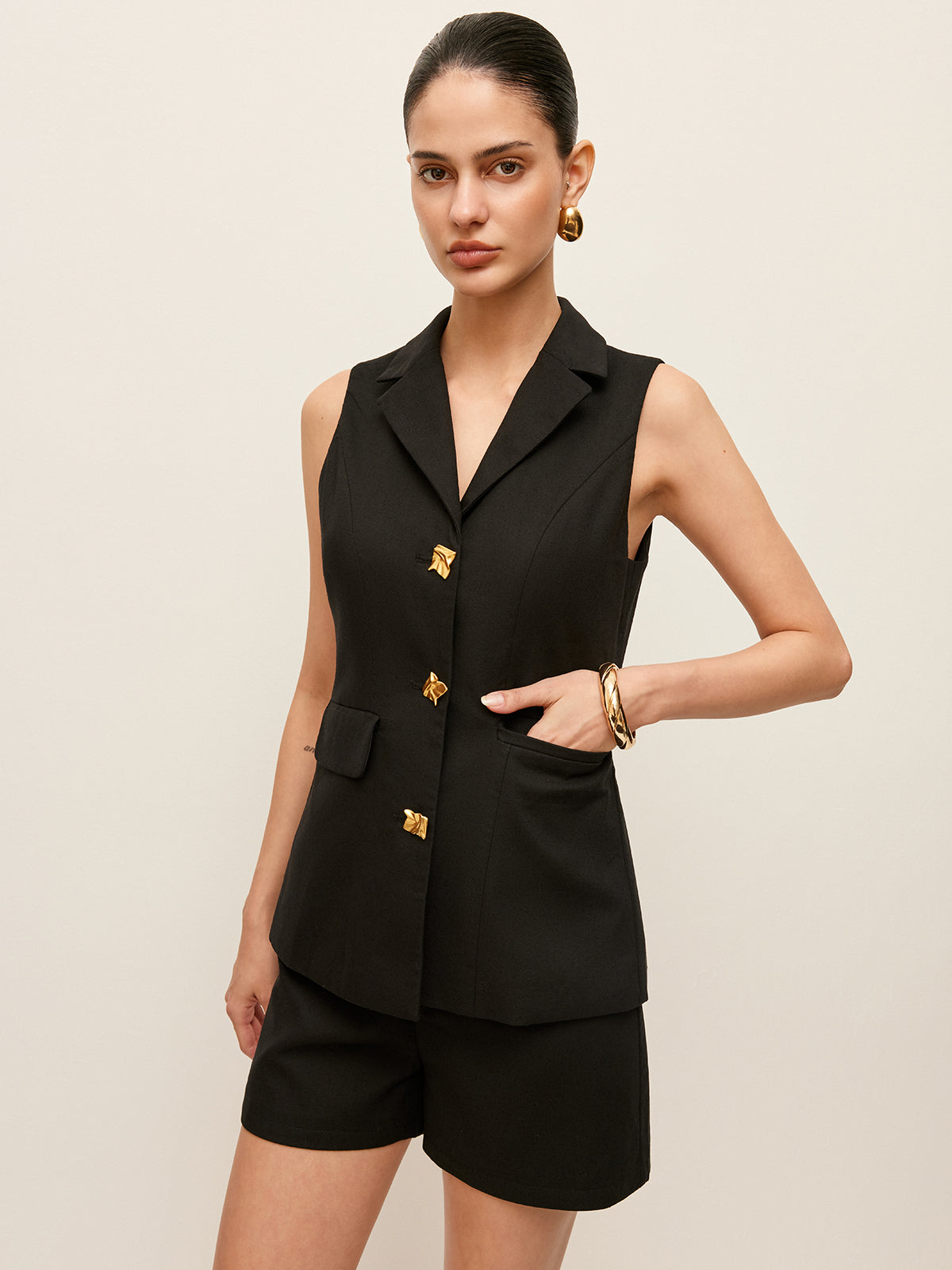 Cotton & Linen Button Detail Pockets Vest-Chicvia