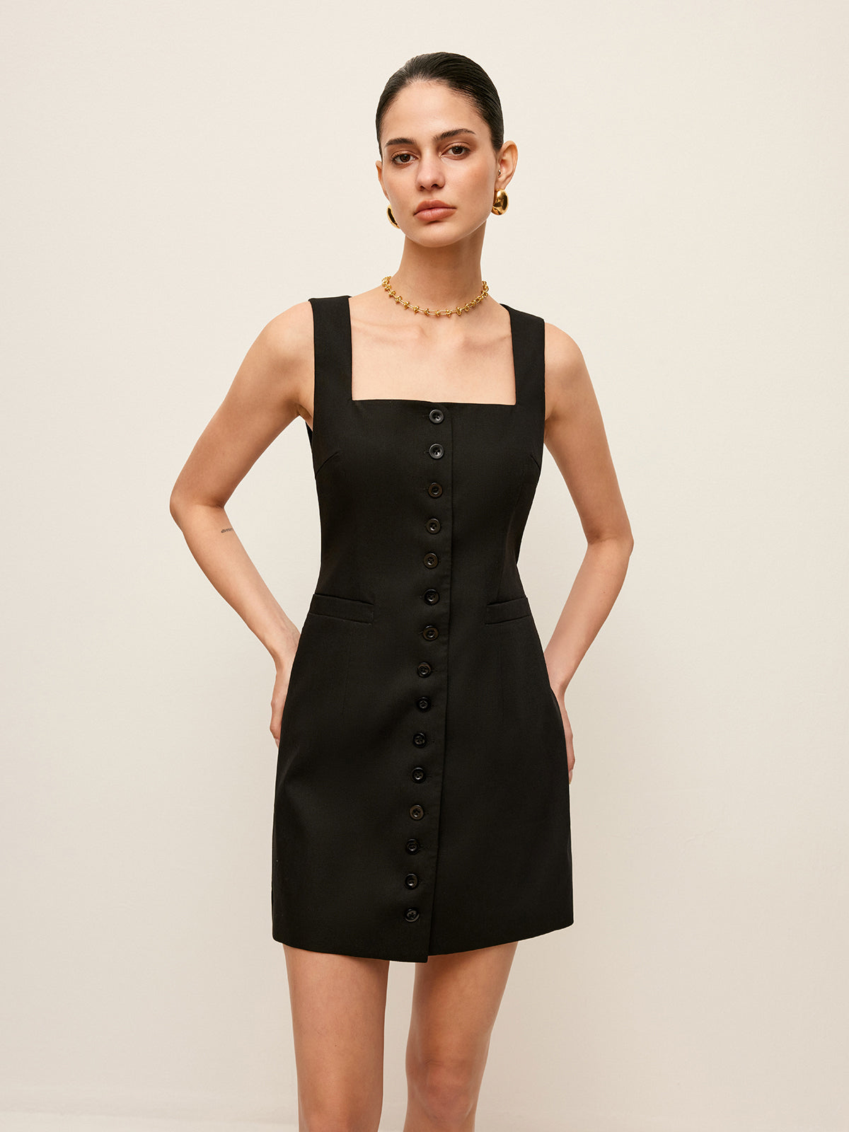 Cotton & Linen Button-Front Dress With Pockets-Chicvia