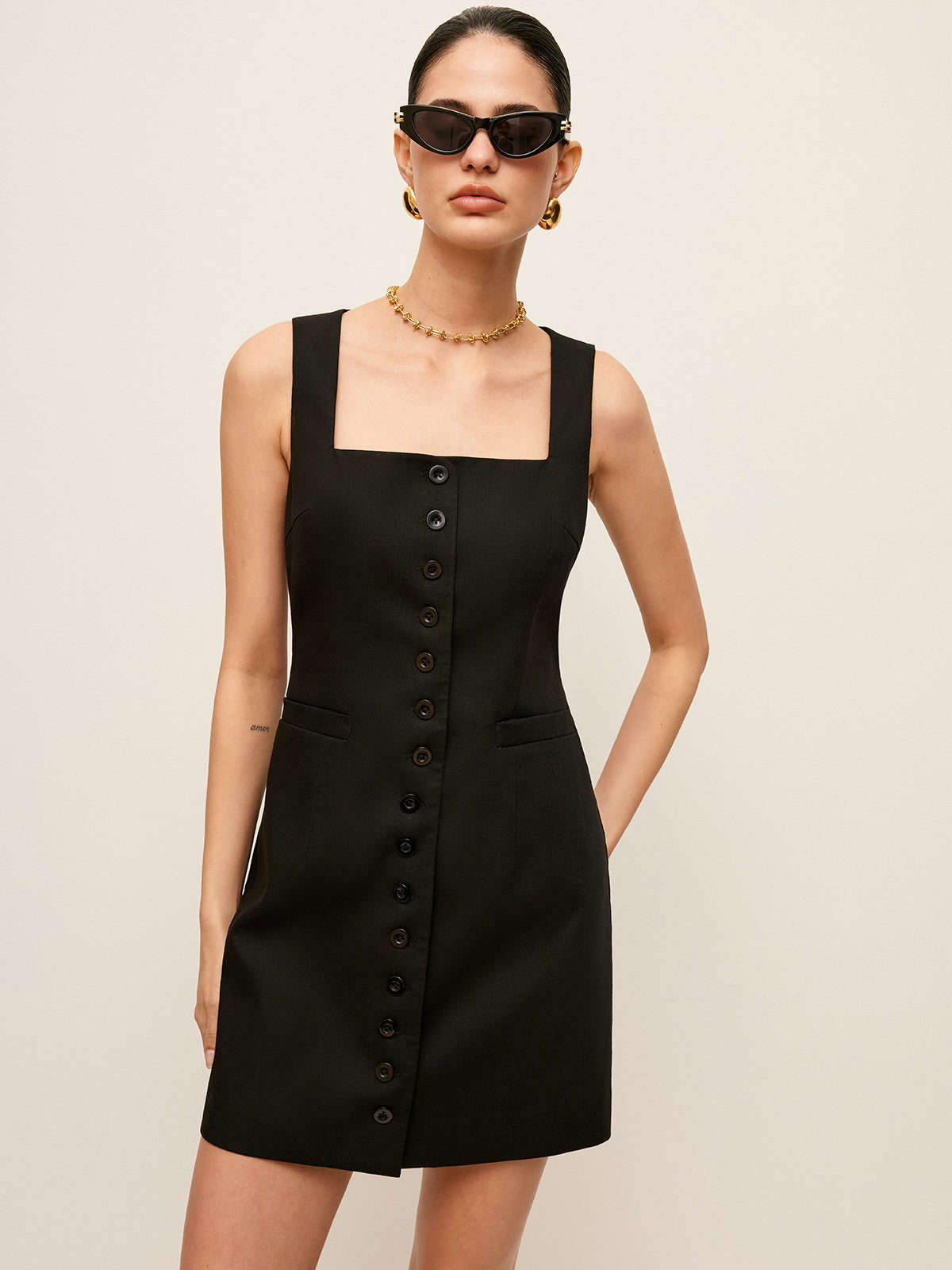 Cotton & Linen Button-Front Dress With Pockets-Chicvia