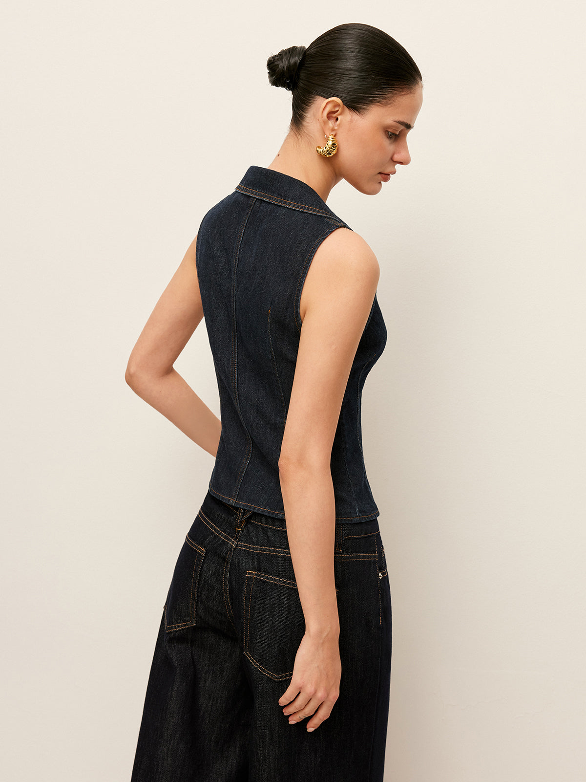 Denim Collared Vest With Floral Button Detail-Chicvia