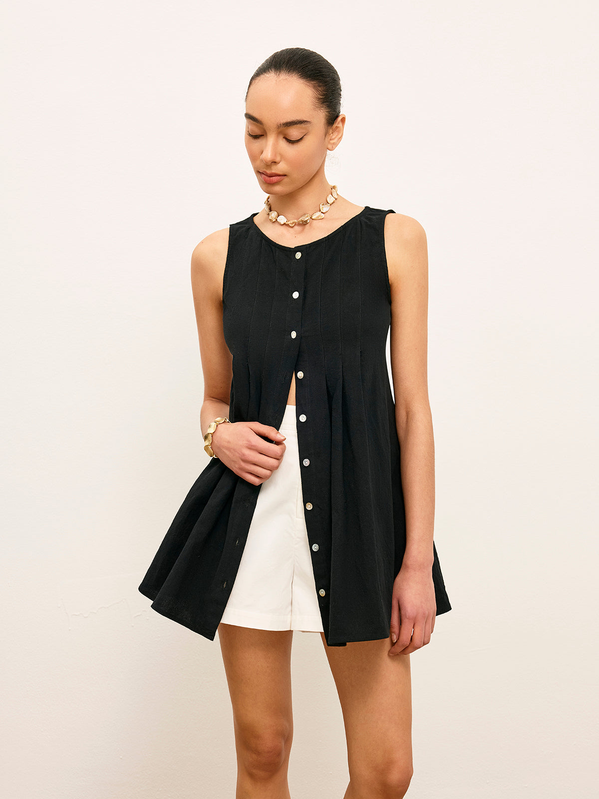 Cotton & Linen Pleated Button-Up Top-Chicvia