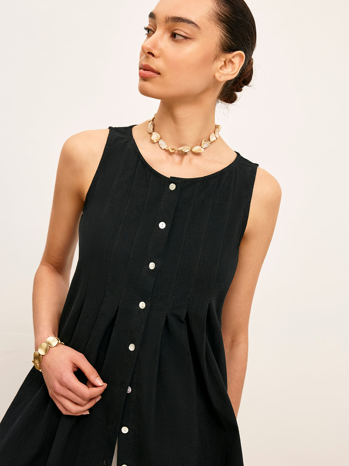 Cotton & Linen Pleated Button-Up Top-Chicvia