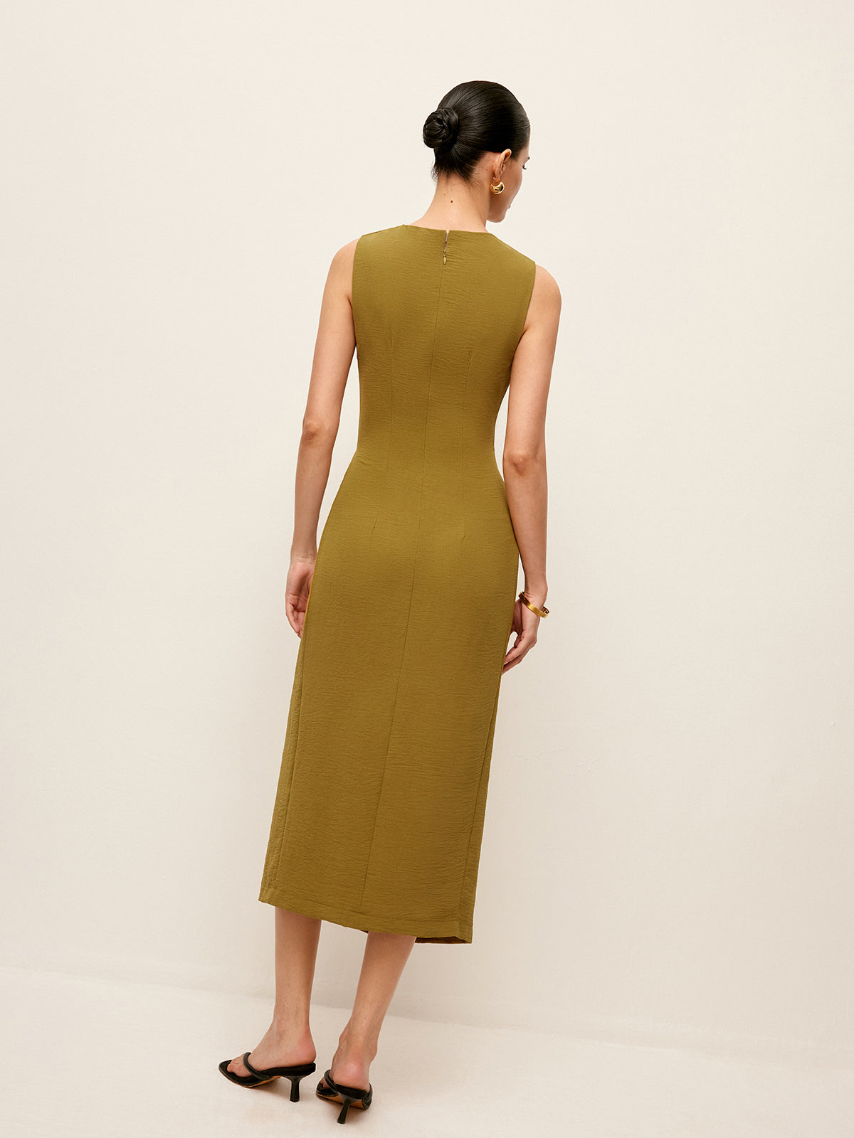 Metal Detail Shirred Waist Sleeveless Spilt Dress-Chicvia