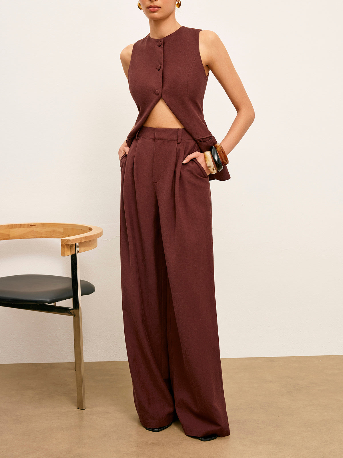 Mid-Waist Wide-Leg Pants With Pockets-Chicvia