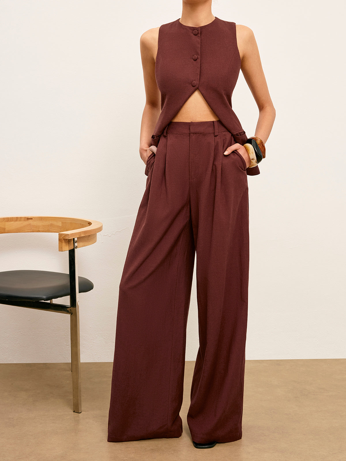 Mid-Waist Wide-Leg Pants With Pockets-Chicvia