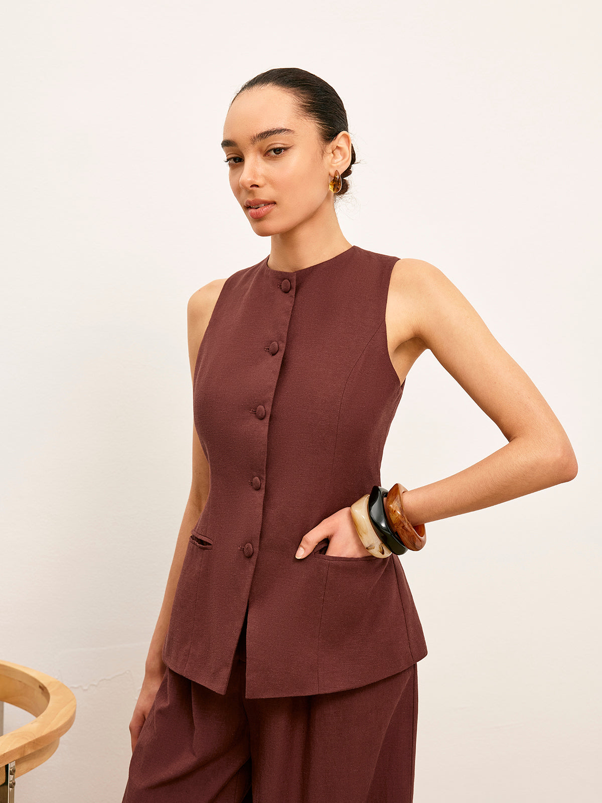 Button-Up Vest With Pocket Detail-Chicvia