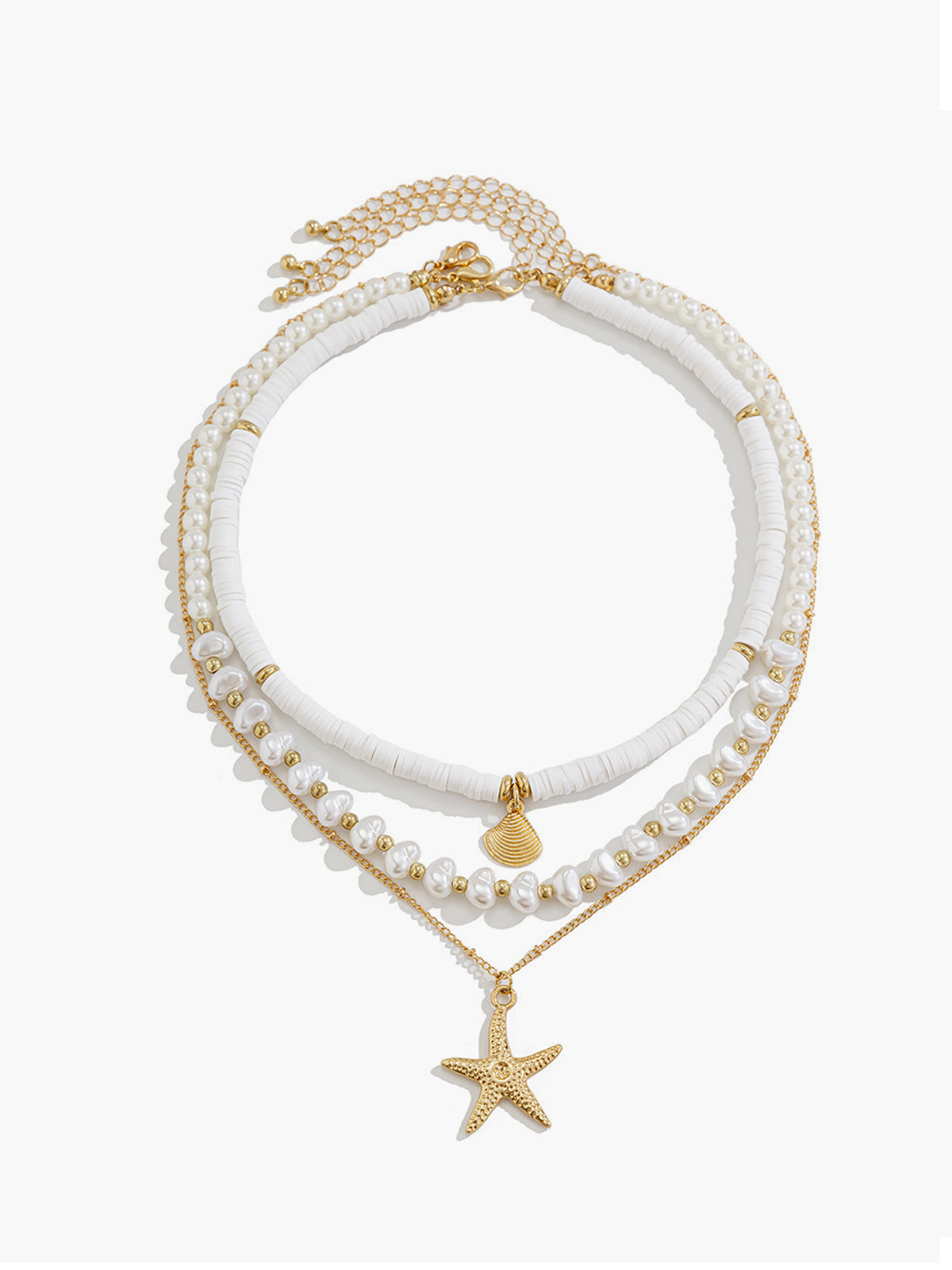 Pearl & Shell Layered Necklace With Starfish Pendant-Chicvia