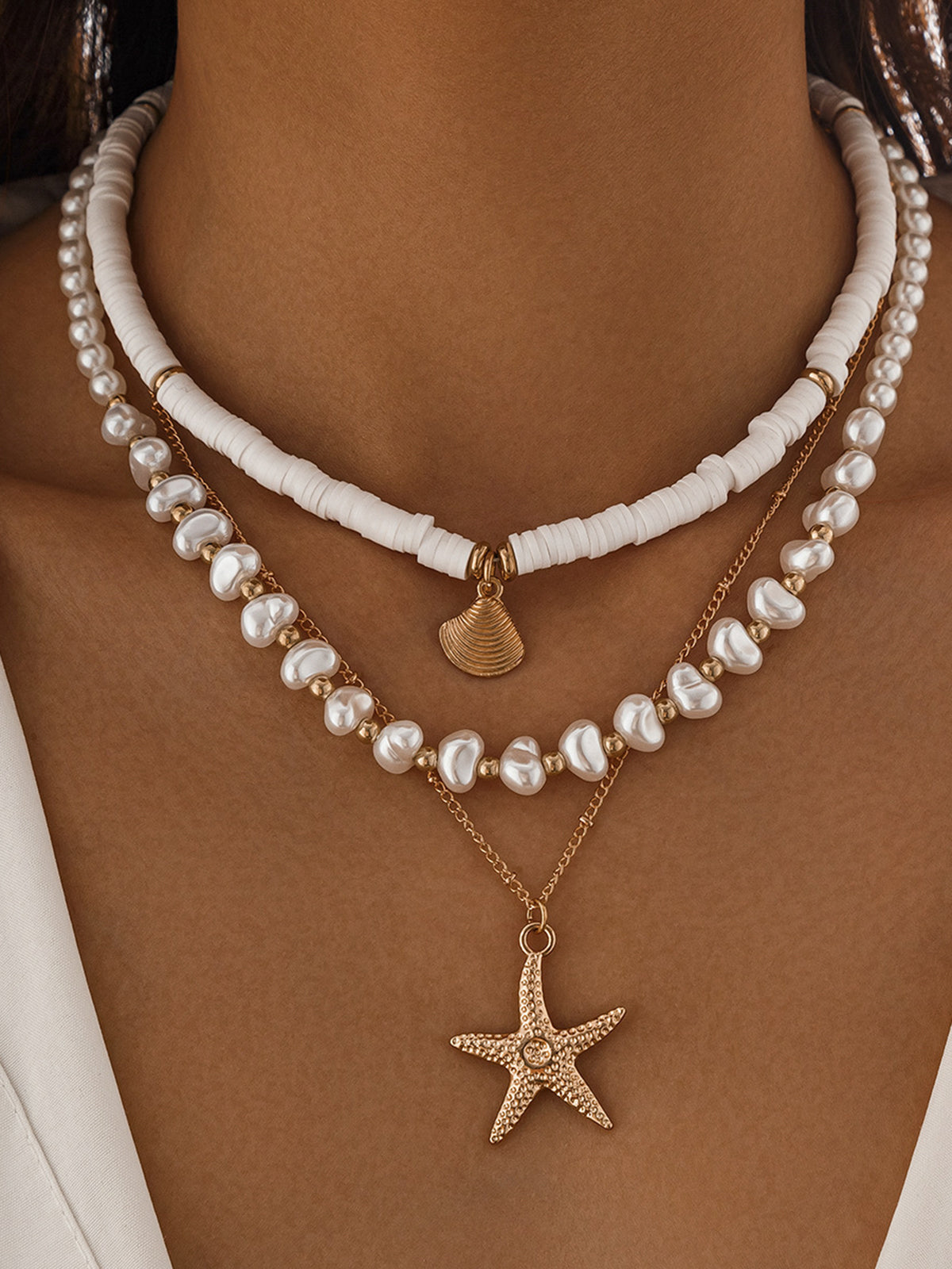 Pearl & Shell Layered Necklace With Starfish Pendant-Chicvia