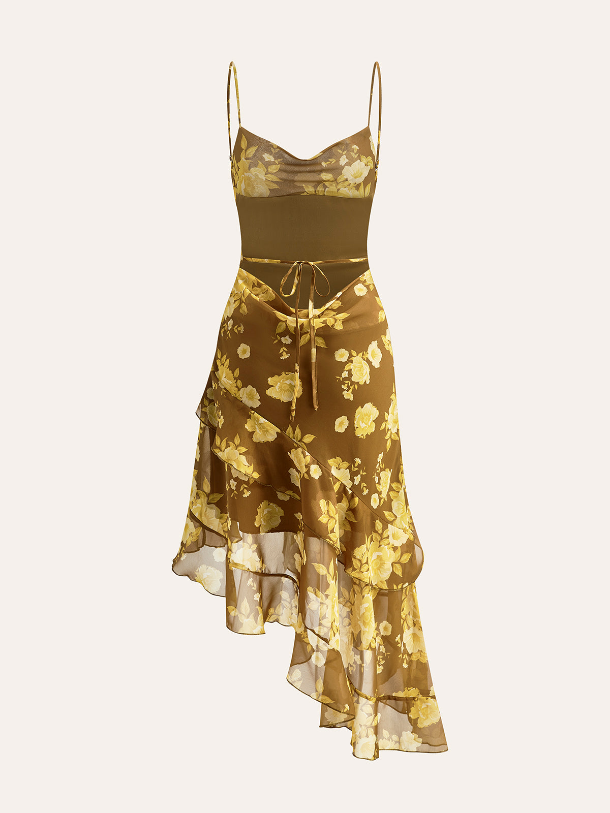 Floral Ruffle Hem Back Tie Cami Dres-Chicvia