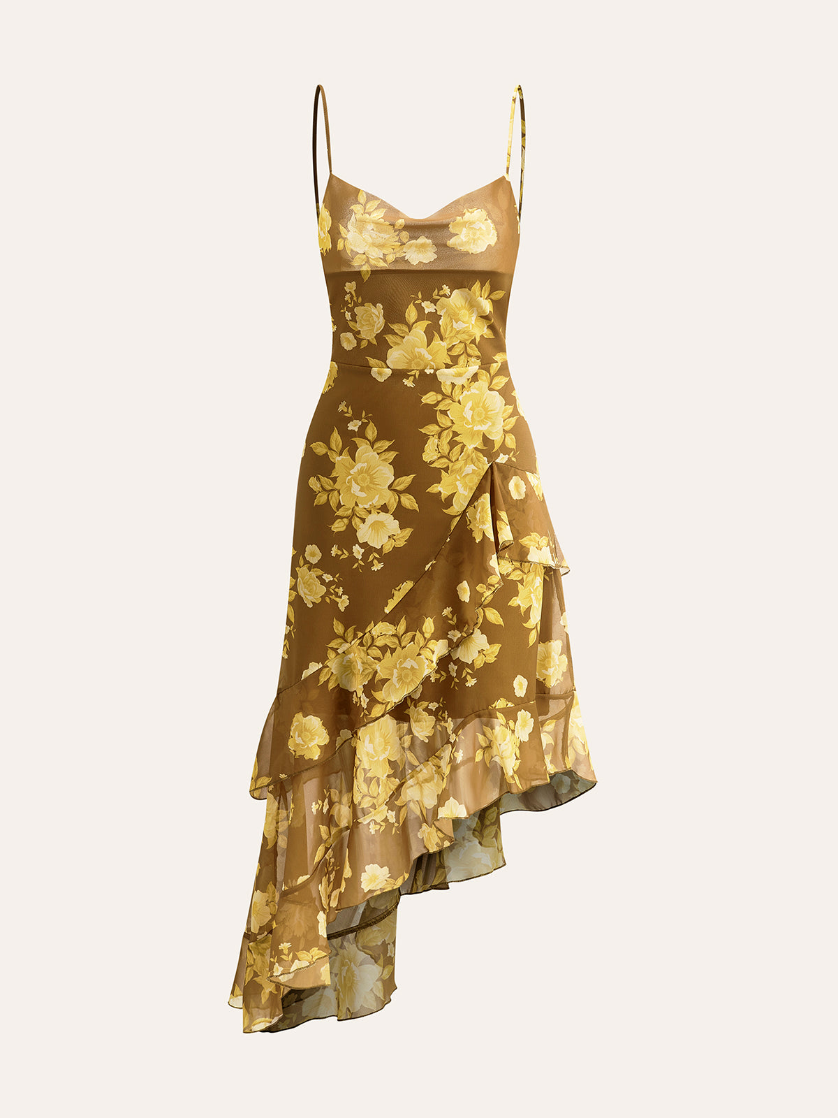 Floral Ruffle Hem Back Tie Cami Dres-Chicvia