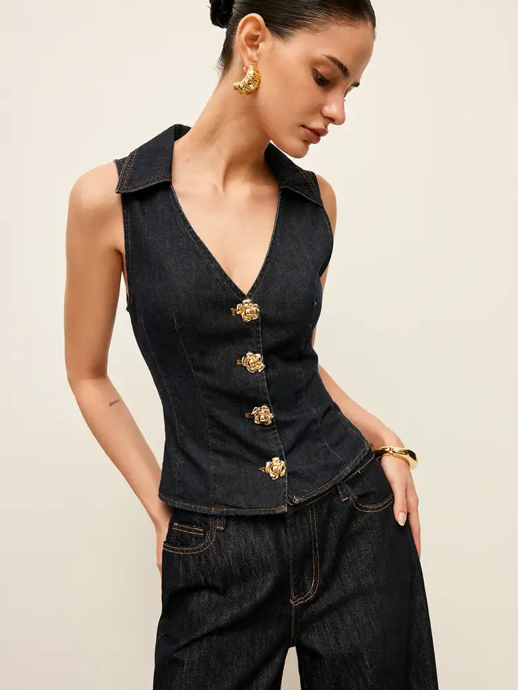 Denim Collared Vest With Floral Button Detail-Chicvia