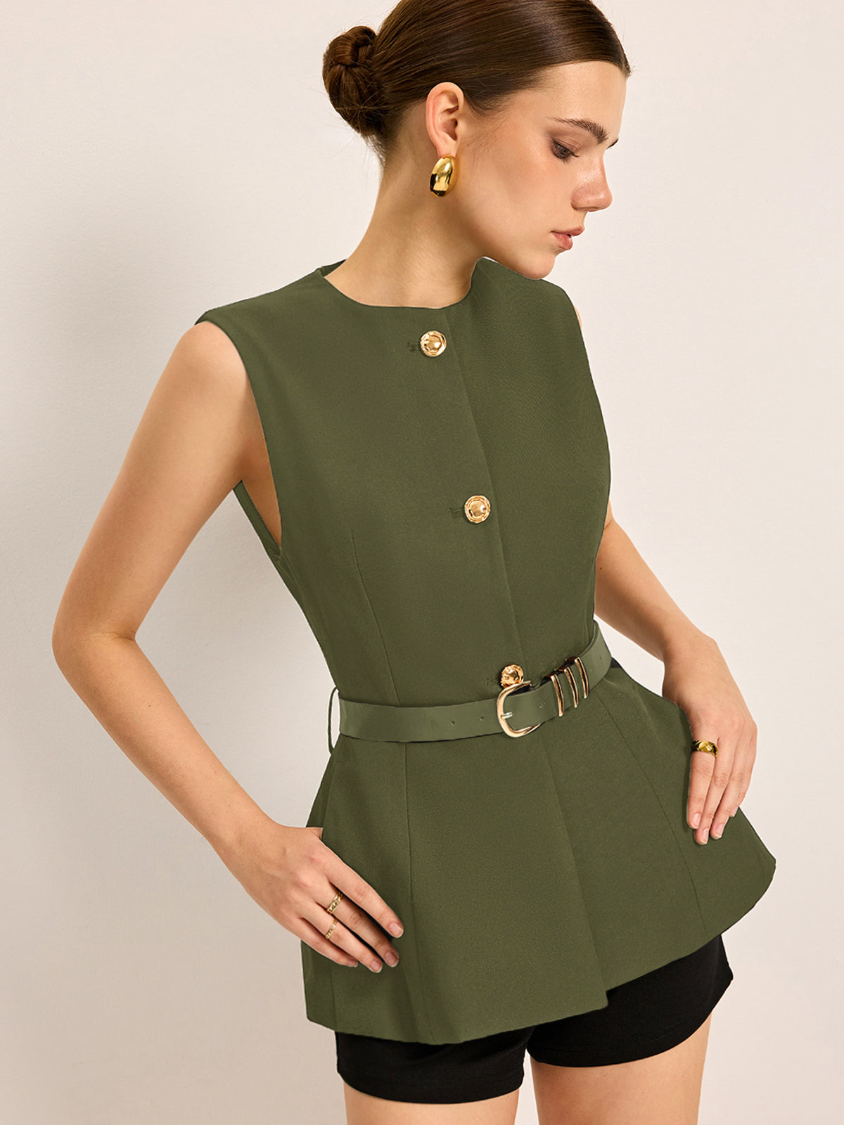 Button Detail Pockets Top With Belt-Chicvia