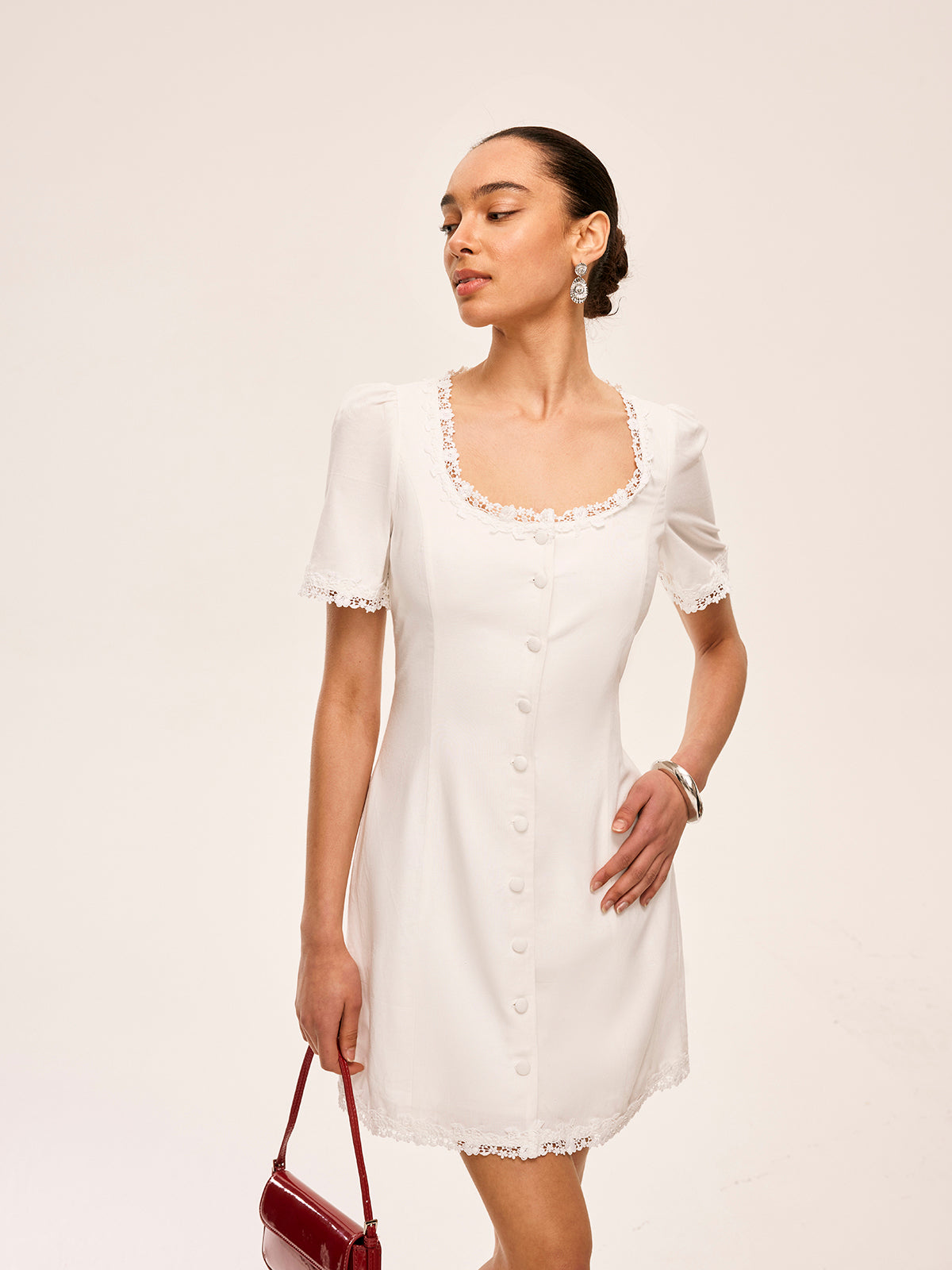 Cotton & Linen Lace-Trimmed Button-Detail Dress-Chicvia