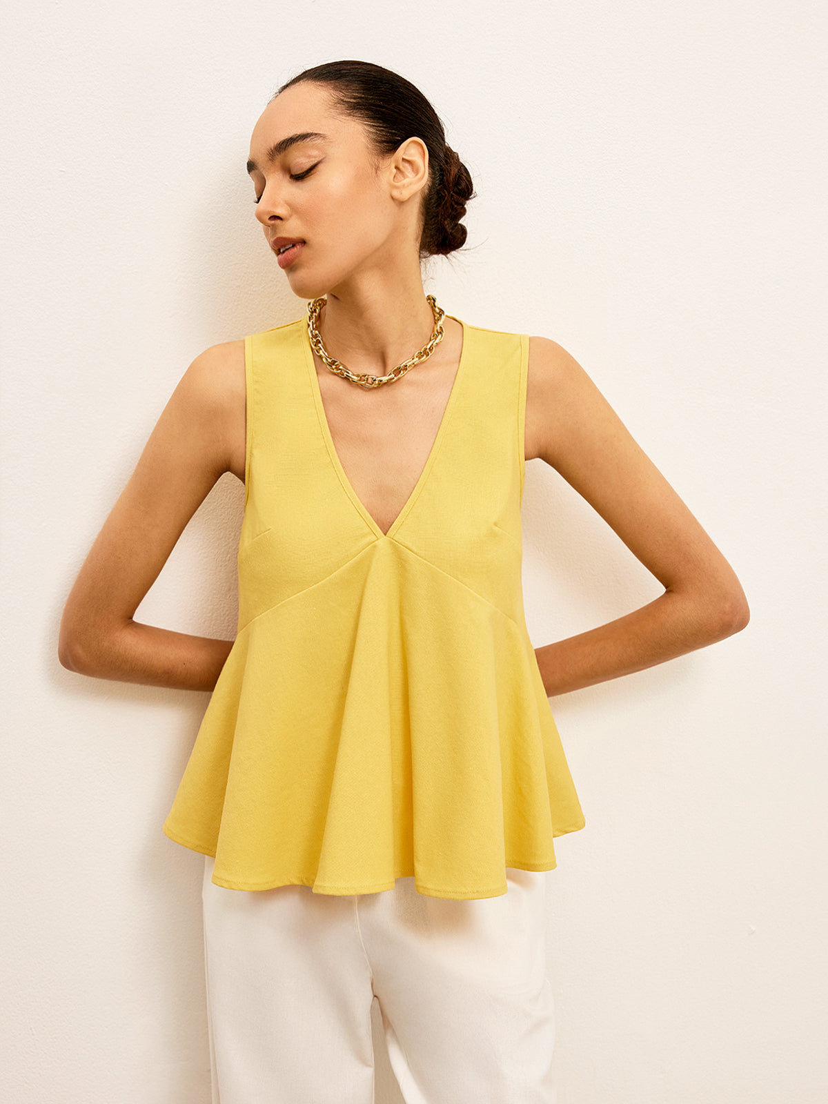 Cotton & Linen V-Neck Peplum Top-Chicvia