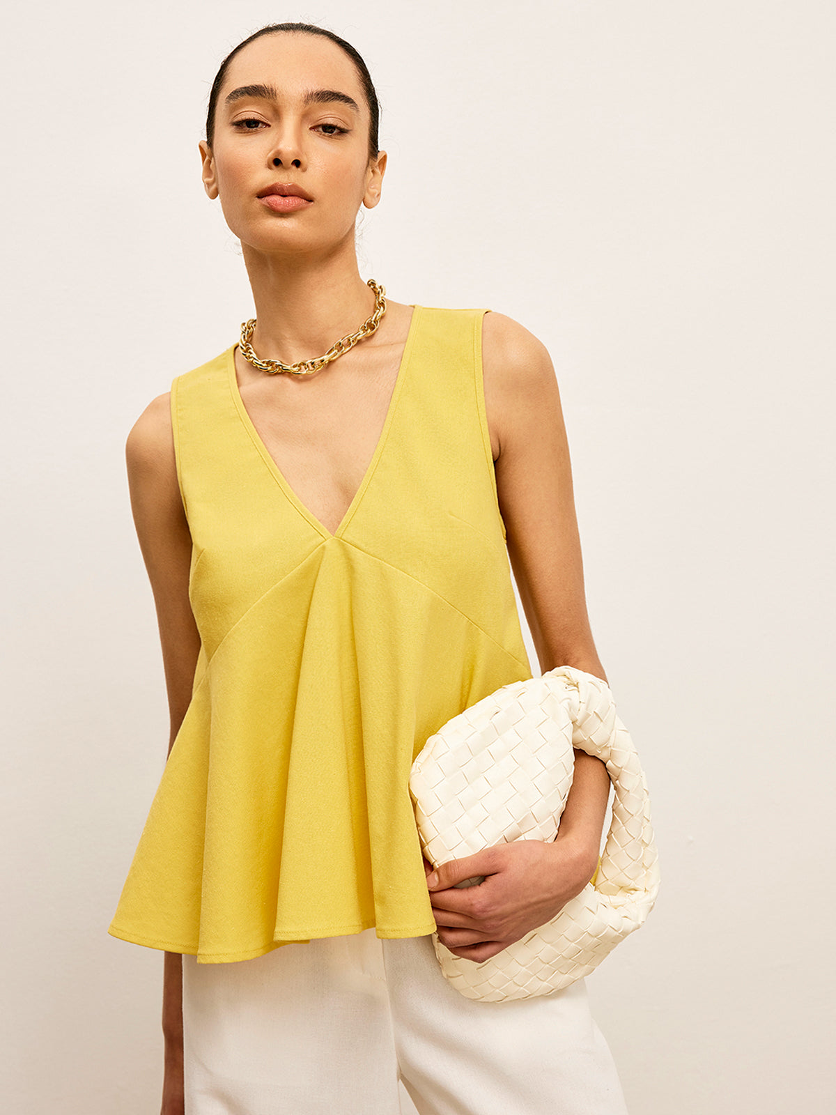 Cotton & Linen V-Neck Peplum Top-Chicvia