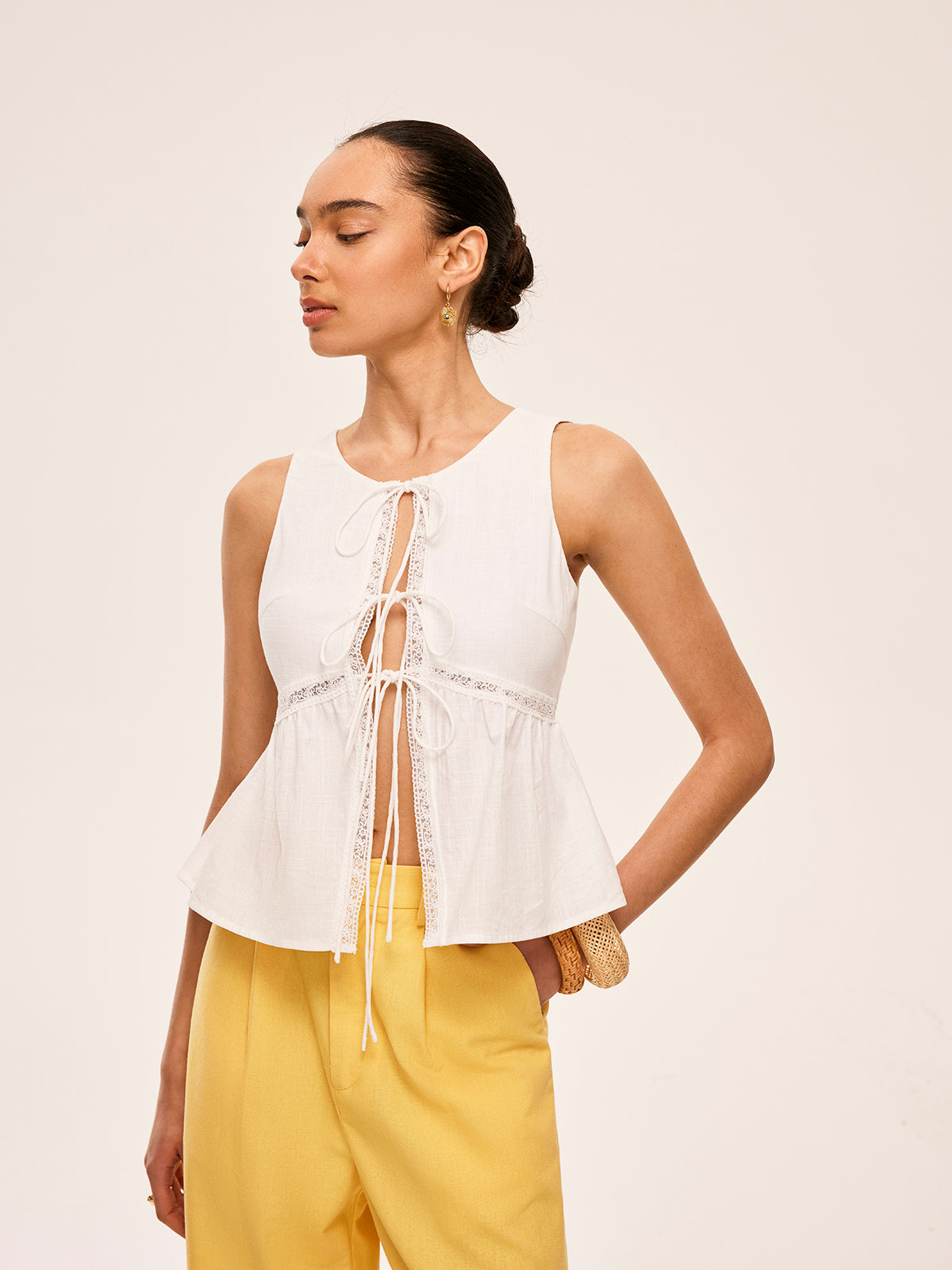 Cotton Lace-Up Detail Semi-Sheer Top-Chicvia