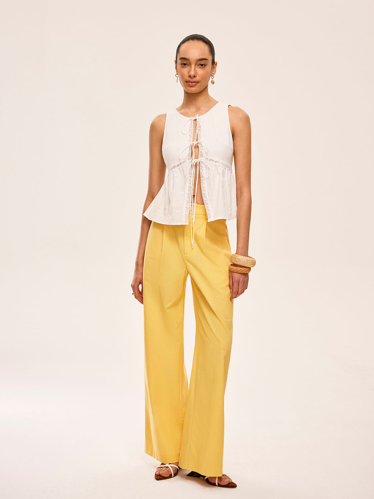 Cotton Lace-Up Detail Semi-Sheer Top-Chicvia