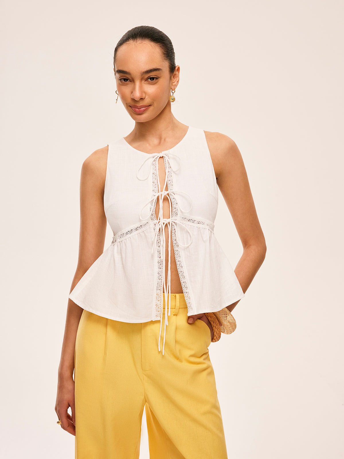 Cotton Lace-Up Detail Semi-Sheer Top-Chicvia