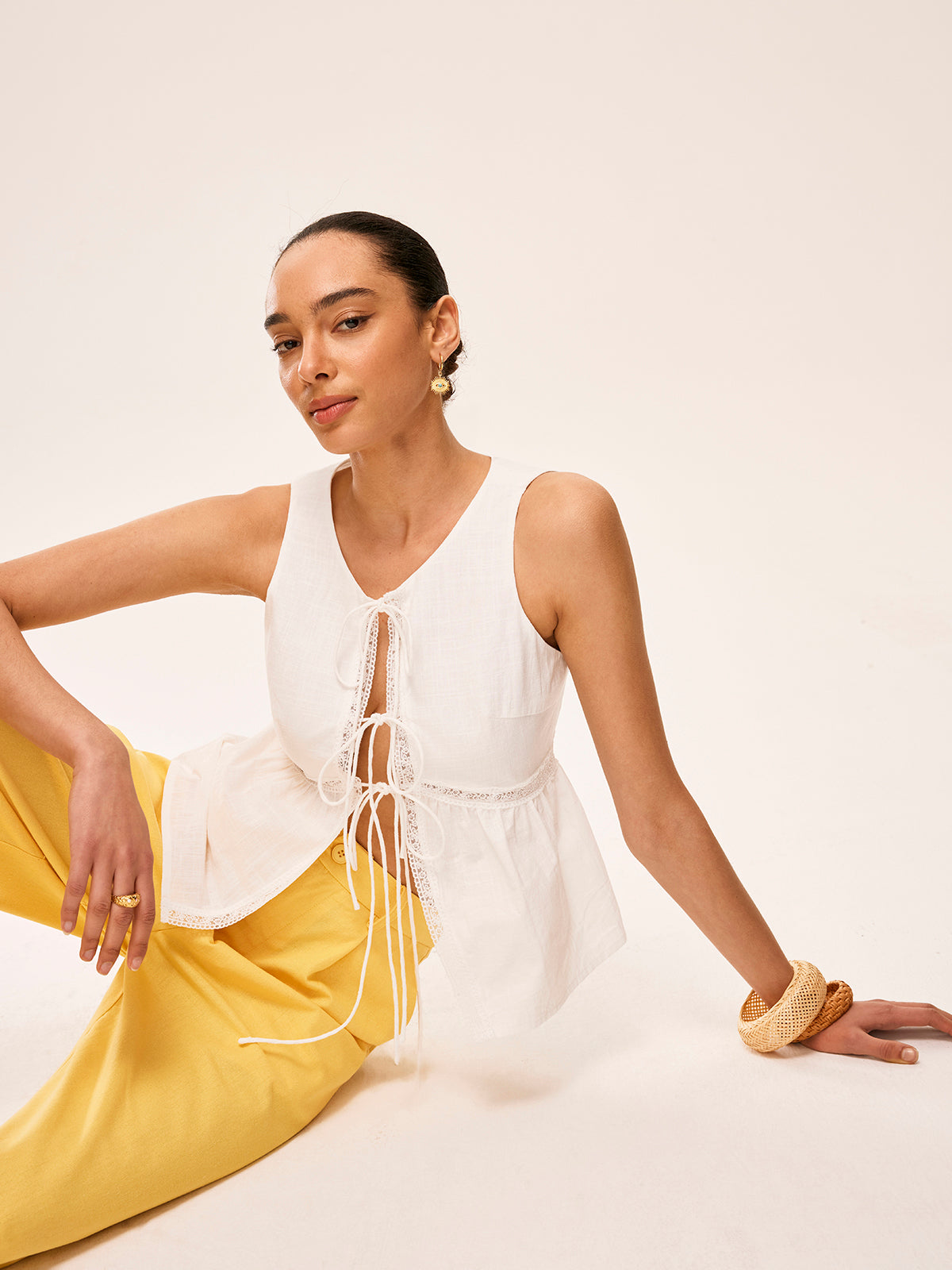 Cotton Lace-Up Detail Semi-Sheer Top-Chicvia