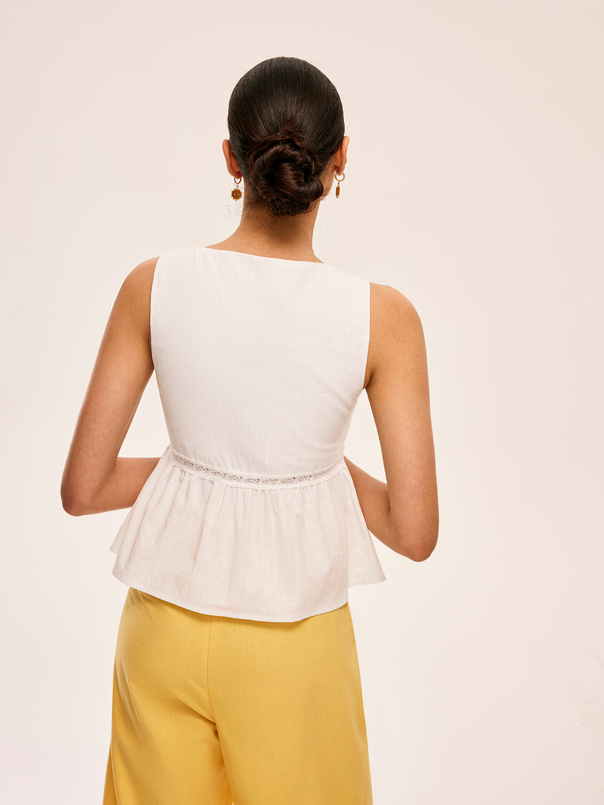 Cotton Lace-Up Detail Semi-Sheer Top-Chicvia