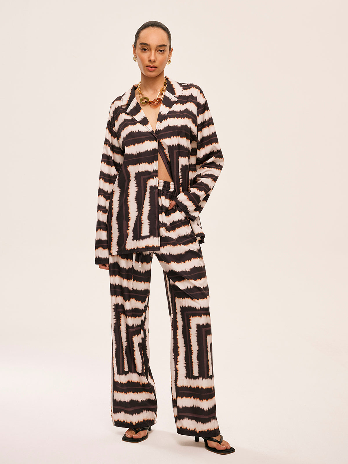 Geometric Color-Block Pants Set With Pockets-Chicvia