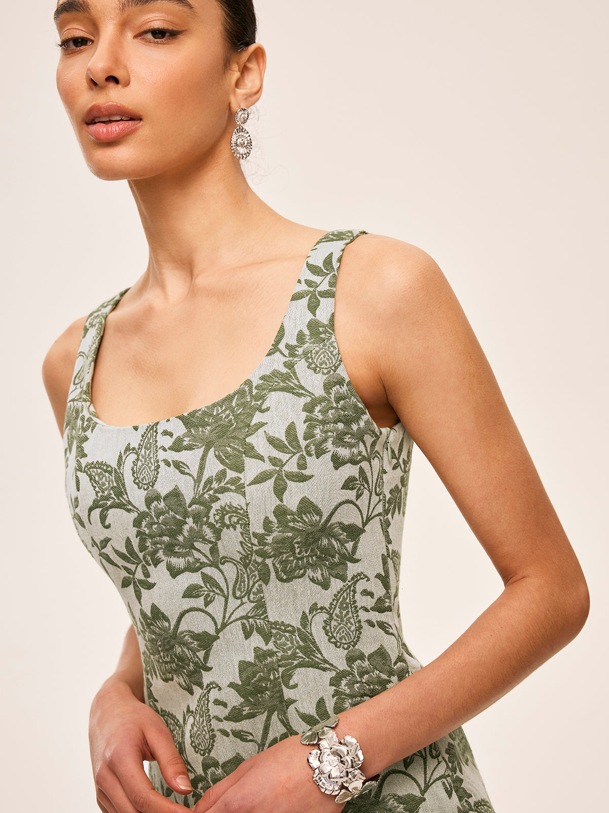 Floral Print Square Neck Dress With Side Slit-Chicvia