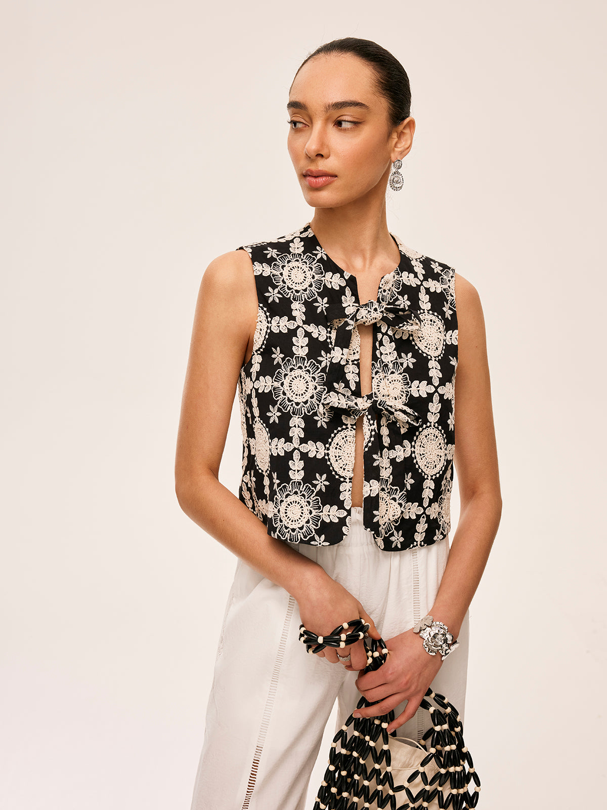 Embroidered Cotton Tie-Front Vest-Chicvia