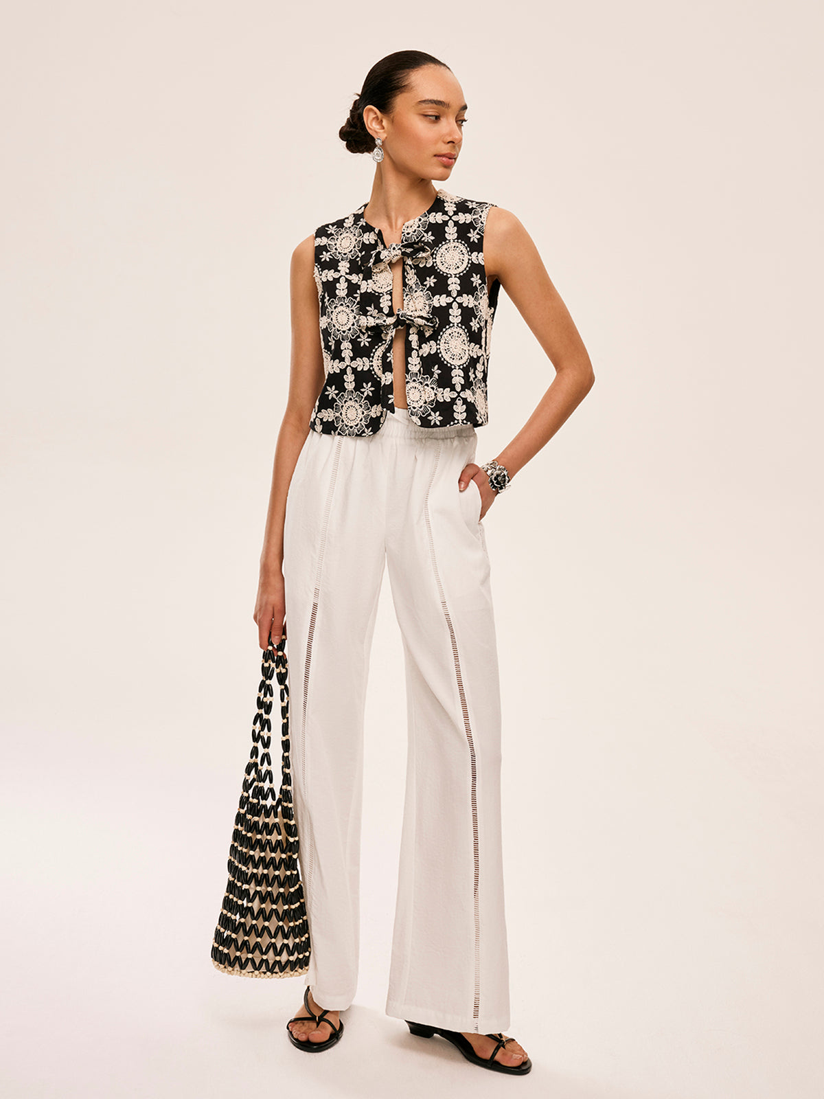 Embroidered Cotton Tie-Front Vest-Chicvia